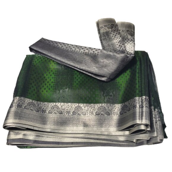Green and Grey Sheen Saree Unstitched with Blouse Piece - NEW! - Picture 7 of 10